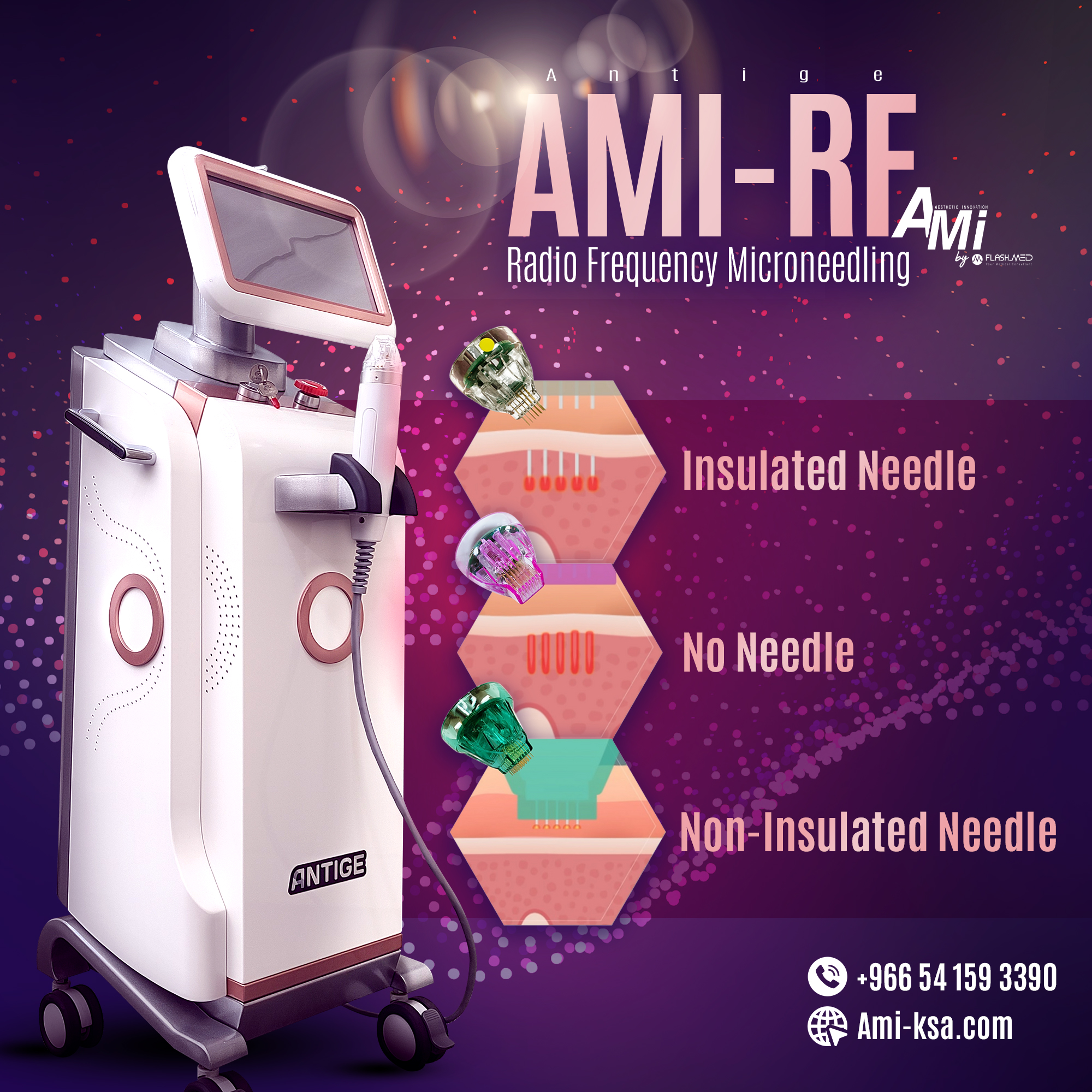 AMI-RF high-frequency device for skin tightening, wrinkle reduction, and improved elasticity.