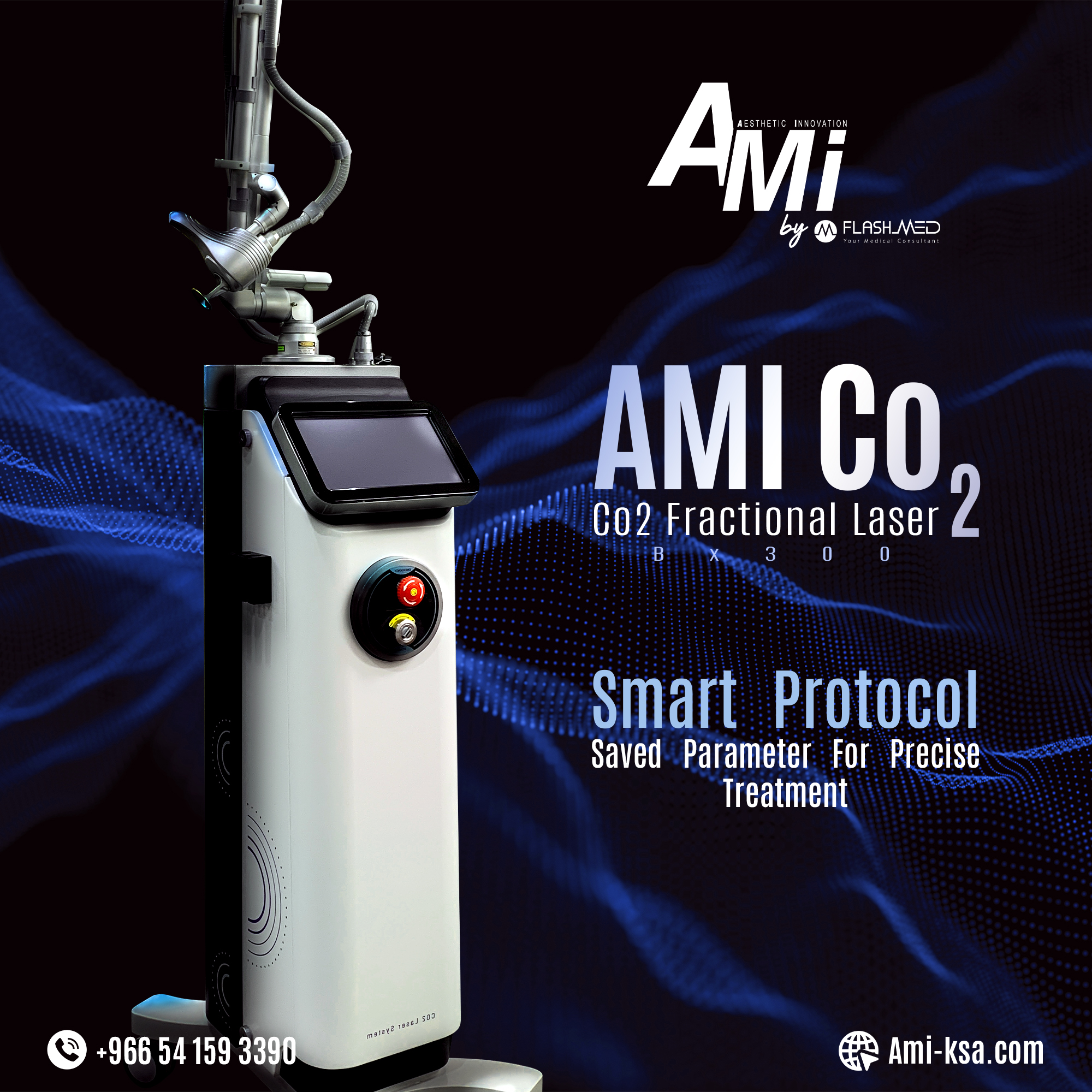 "AMI-CO2 fractional laser device for skin resurfacing, wrinkle reduction, and surgical precision."