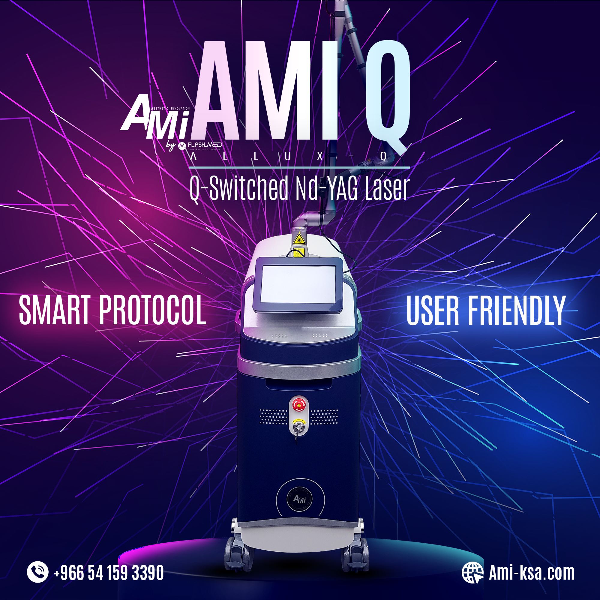 Discover AMI-Q, an advanced laser device for skin rejuvenation, pigmentation removal, carbon peeling, and tattoo removal with precision and safety